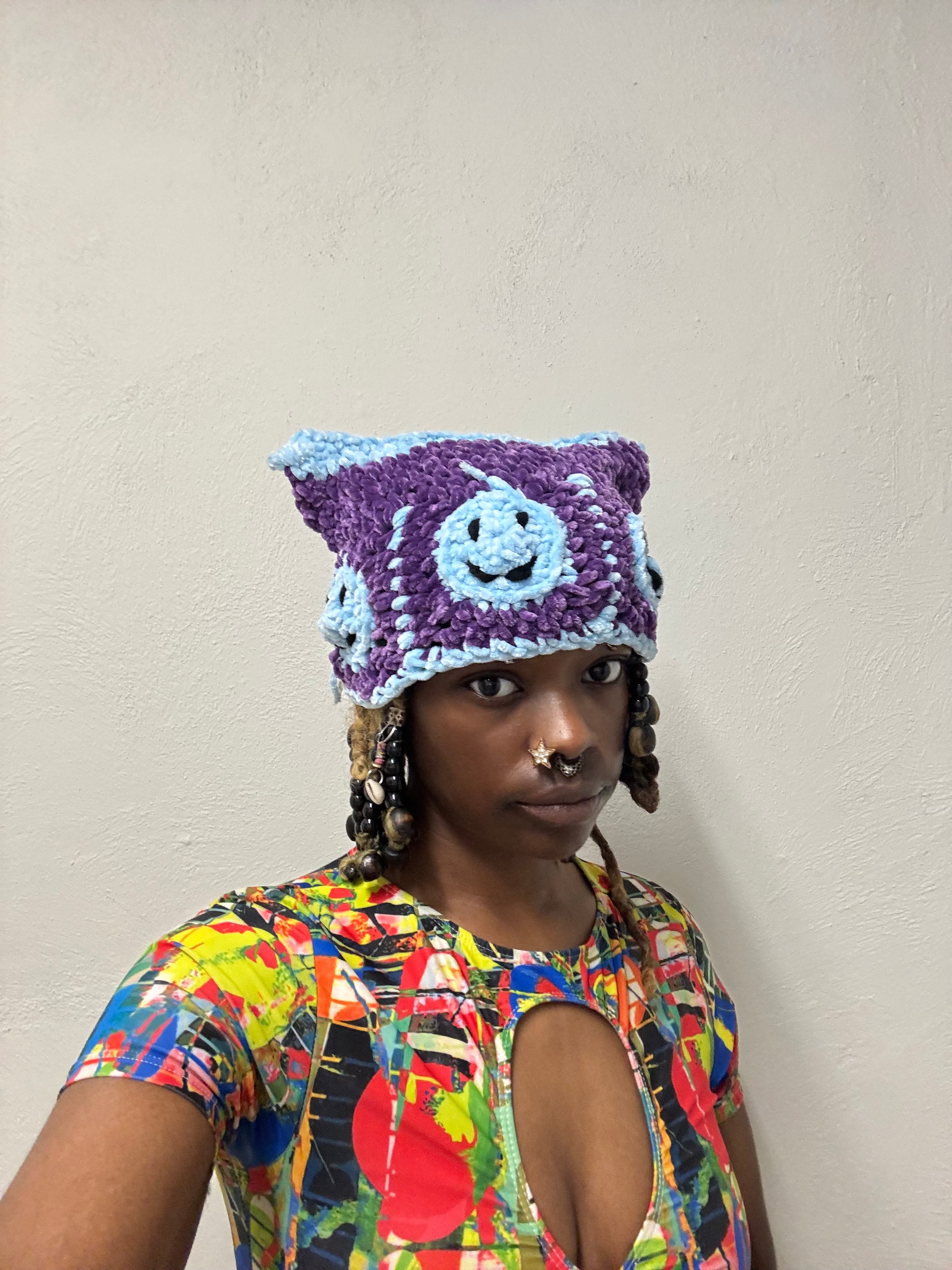Crochet Blu & Purple Smiley Face Cat Hat