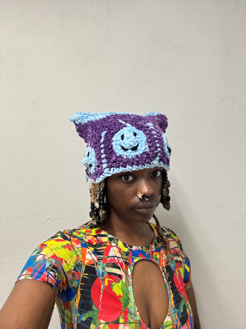 Crochet Blu & Purple Smiley Face Cat Hat