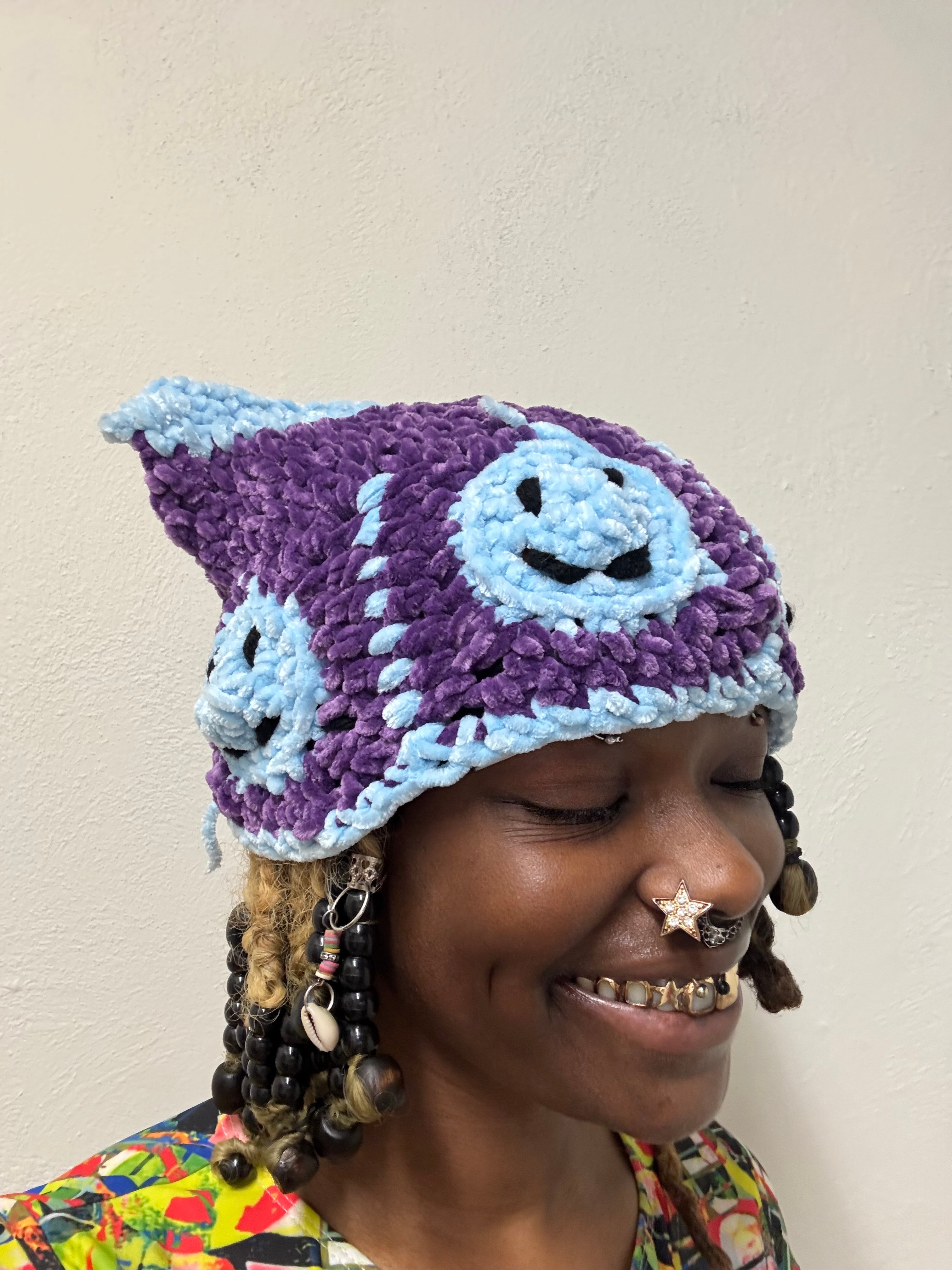 Crochet Blu & Purple Smiley Face Cat Hat
