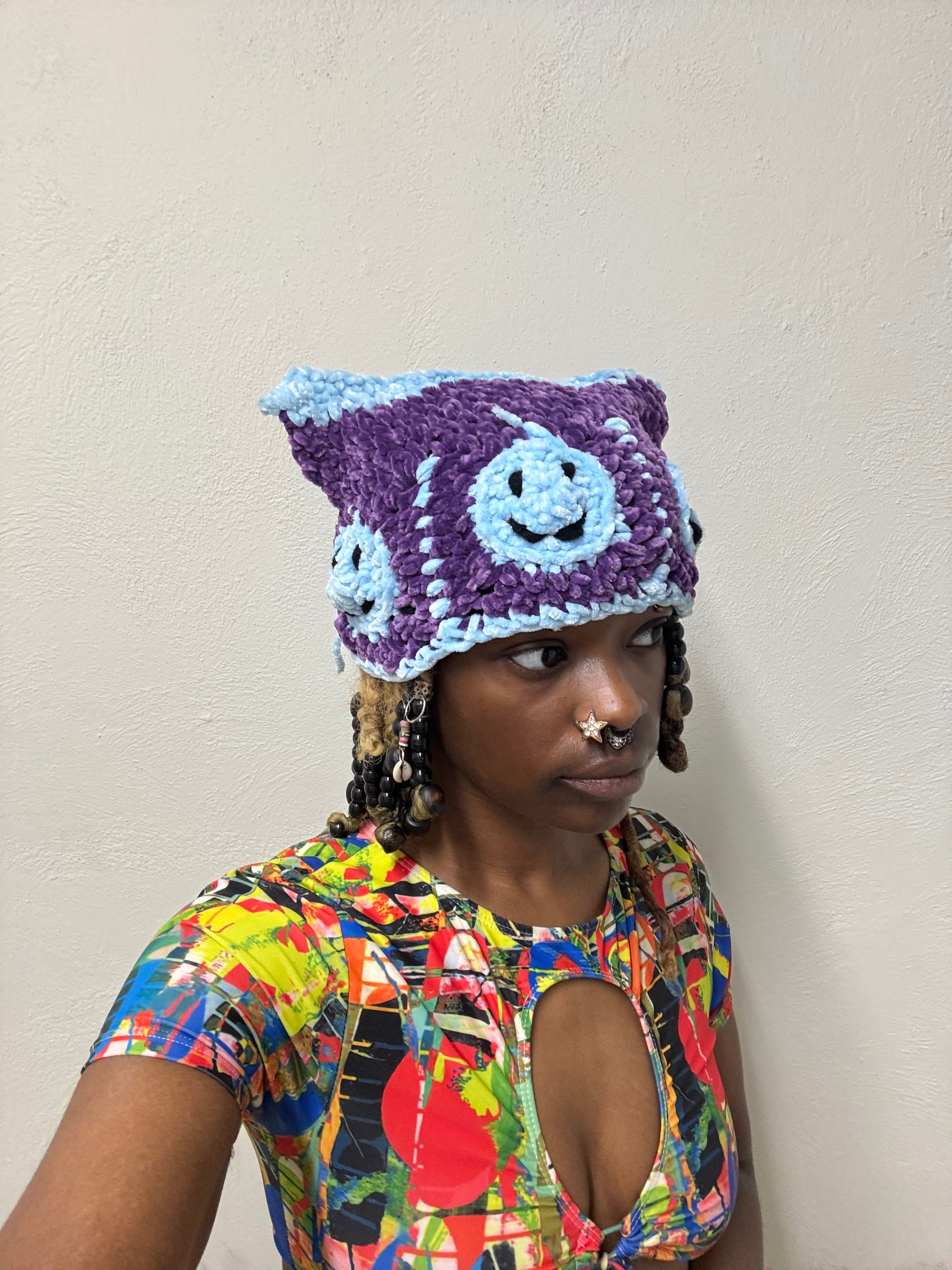 Crochet Blu & Purple Smiley Face Cat Hat