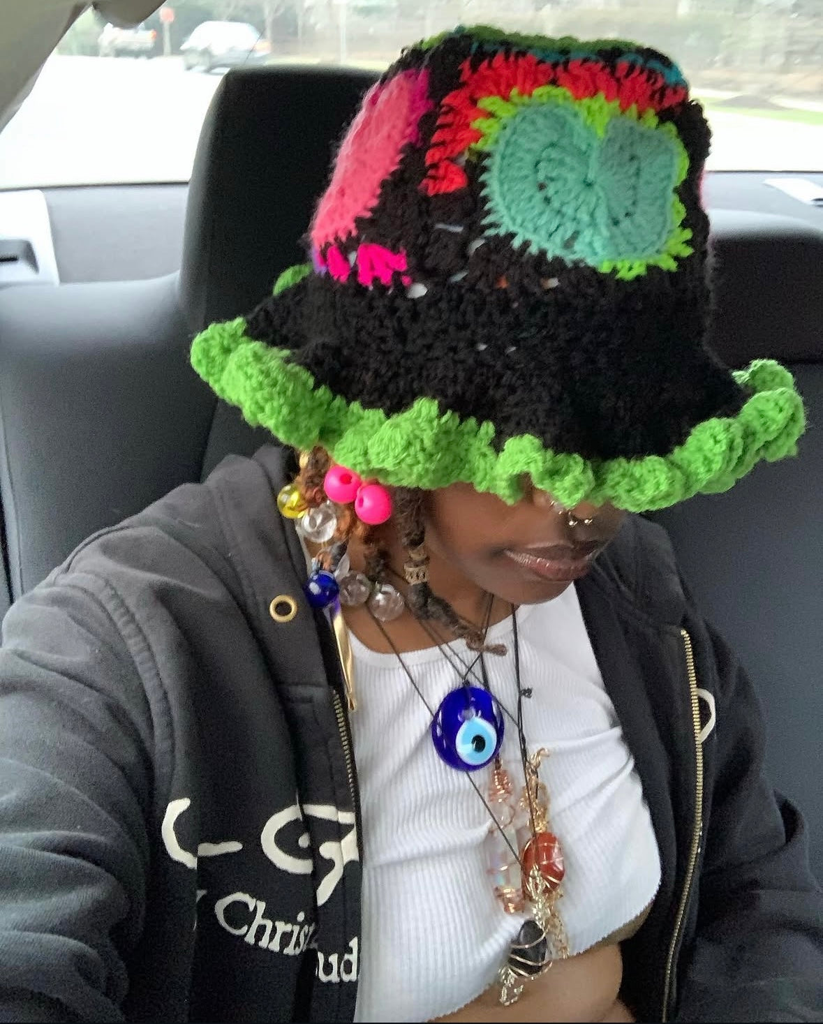 Crochet Neon Heart Bucket Hat