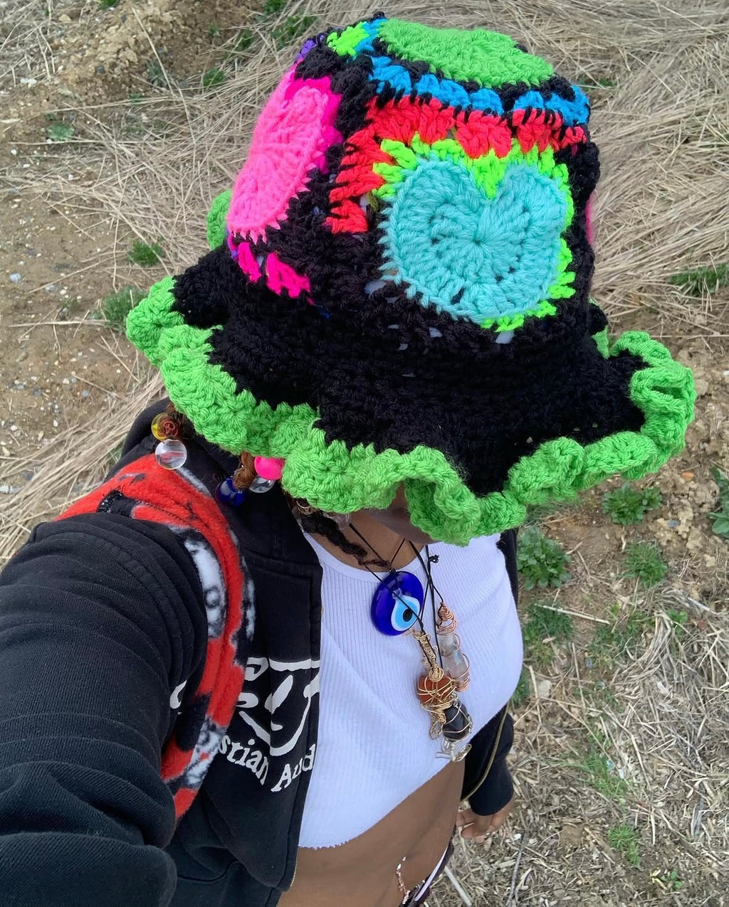 Crochet Neon Heart Bucket Hat