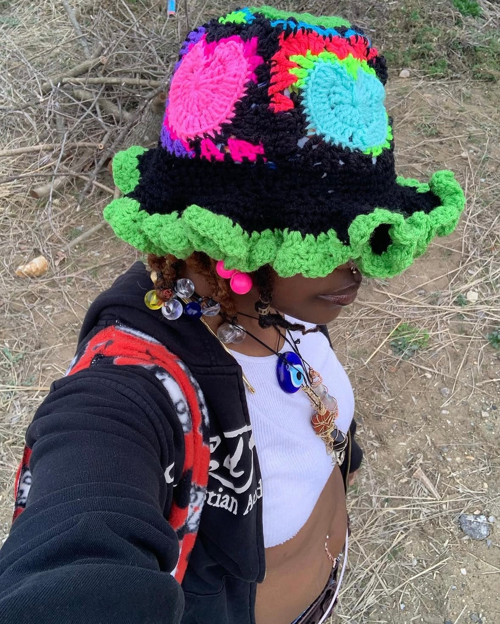 Crochet Neon Heart Bucket Hat