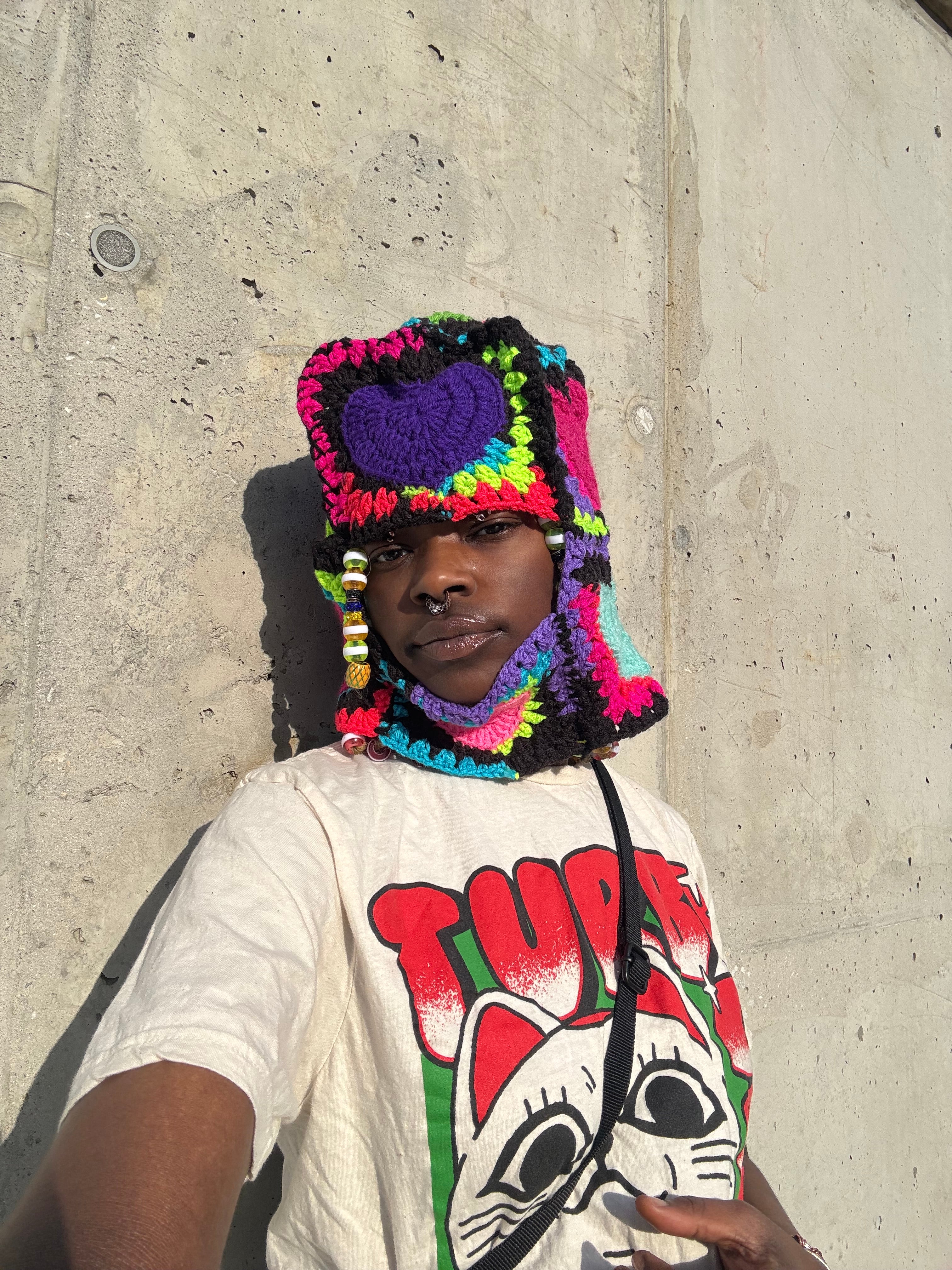 Crochet Heart Neon Ski Mask