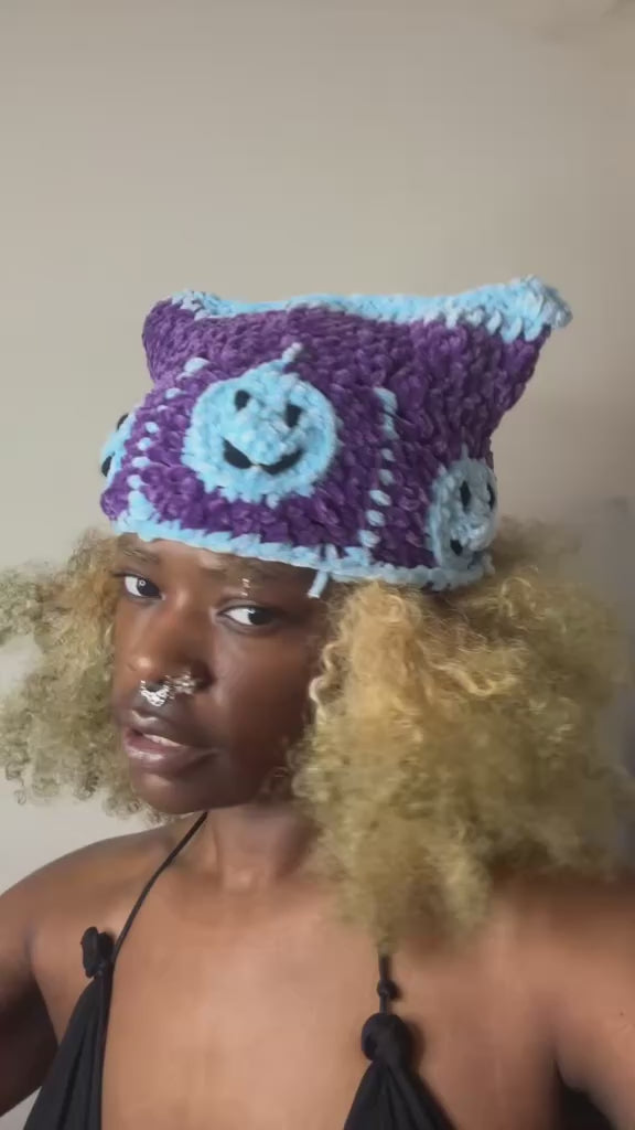 Crochet Blu & Purple Smiley Face Cat Hat